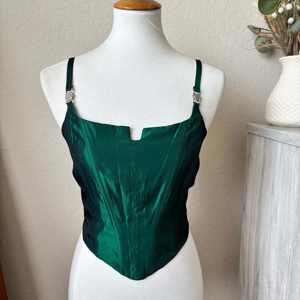 Morgan & Co Y2K Emerald Green Satin Corset Whimsy Bustier Party Top Size 5/6